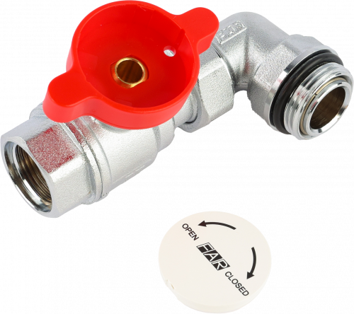 Кран шаровой FAR 3/4"-1", ВР-"американка" EPDM, угловой, красн. бабочка под термометр, хром